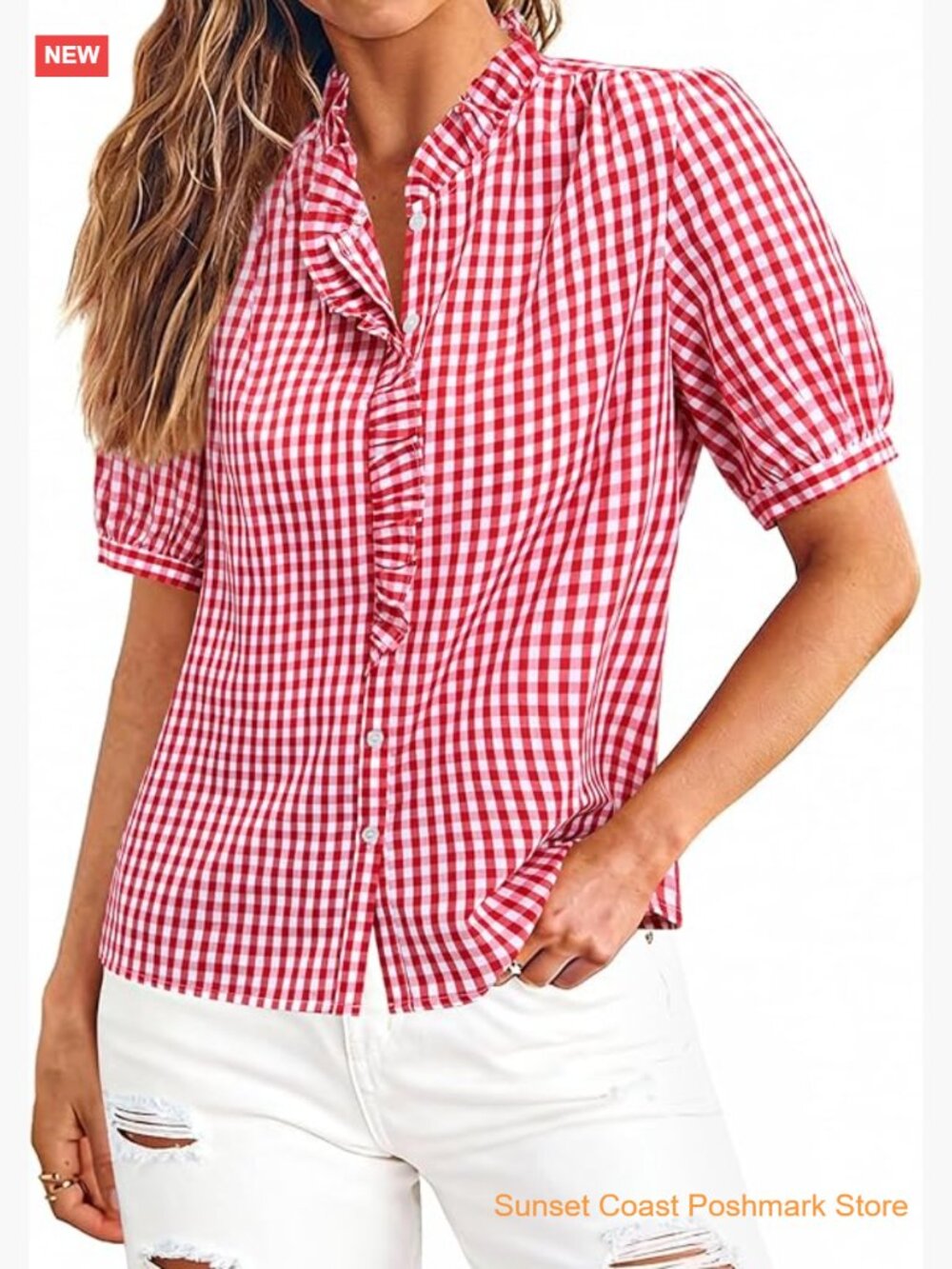 Plaid Gingham Button Down Ruffle V Neck Short Sleeve Blouse Cotton